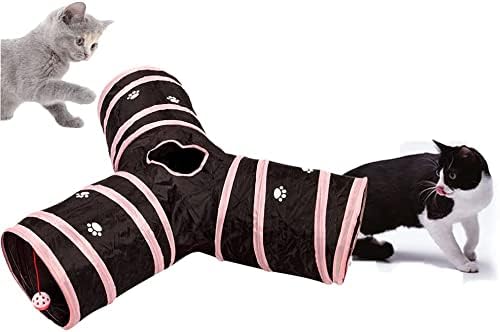 Cats Bunny Tunnel Tube Pink,3 Way Collapsible Small Animal Play Tunnel Toys with Ball for Indoor Cat Kitten Bunny Rabbit Ferret Small Animals (Black@Pink)