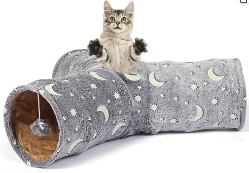 LUCKITTY Cat Tube Tunnel with Plush Ball Toys Collapsible Self-Luminous, for Cat Small Pets Bunny Rabbits, Kittens, Ferrets,Puppy and Dogs Grey Moon Star 3 Way