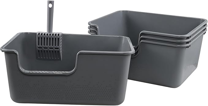 4-Pack Plastic Open Top Kitty Litter Box, Cat Litter Box with High Sides, Including 4 Scoops, Grey