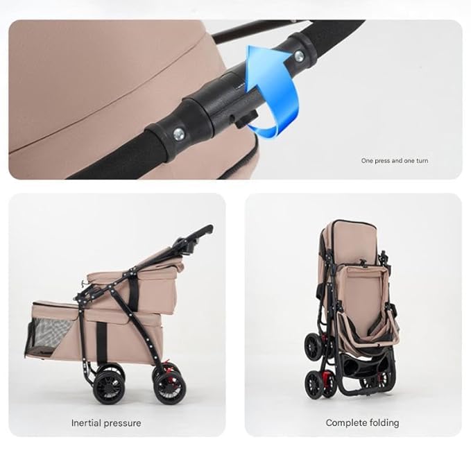 YYW Double Pet Stroller for Small Cats and Dogs, Foldable Kittens Puppies Travel Strolling Cart with 2 Carriages, Cup Holder & Lockable Wheels, Ideal for Multi-Pet Families(Khaki)