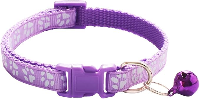 CHBORCHICEN 2-Pack Footprint & Reflective Cat Collar with Bell Basic Dog Cat Collar Buckle Adjustable Polyester Cat Dog Collar or Seatbelts (X-Small, Light Purple)