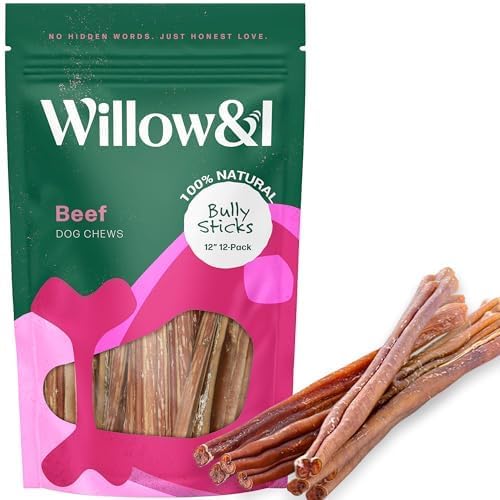 Willow&I Bully Sticks for Dogs -12 Inch Natural Bully Sticks for Medium, Large & Small Dogs- Premium 100% Grass Fed, Single Ingredient, Long Lasting, High Protein, Odor Free (12", 12 Pack)