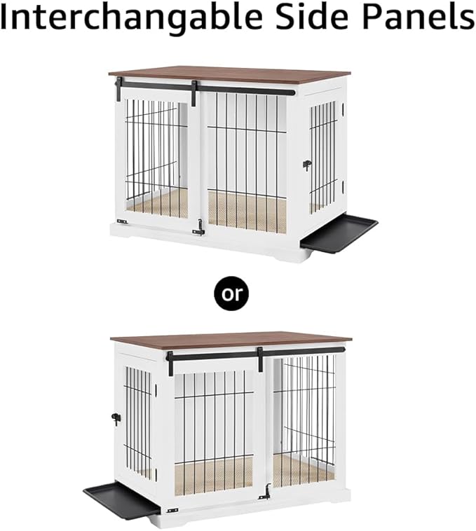 beeNbkks Dog Crate Furniture with Sliding Barn Door, Stylish Double Doors Wooden Kennel with Tray and Cushion, Decorative Indoor Pet House Side End Table for Medium Large Dogs
