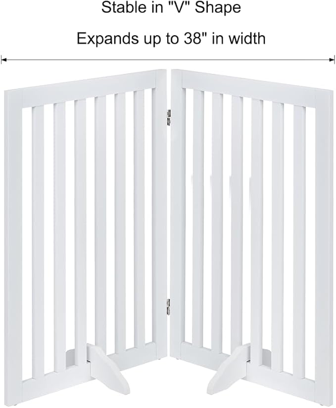 unipaws 36”H Free Standing Pet Gate for Dog and Cat, Wooden Dog Gates for Doorway, Stairs, Room Divider, Step Over Foldable Pet Fence for The House, Expandable Barrier, Indoor Use, White