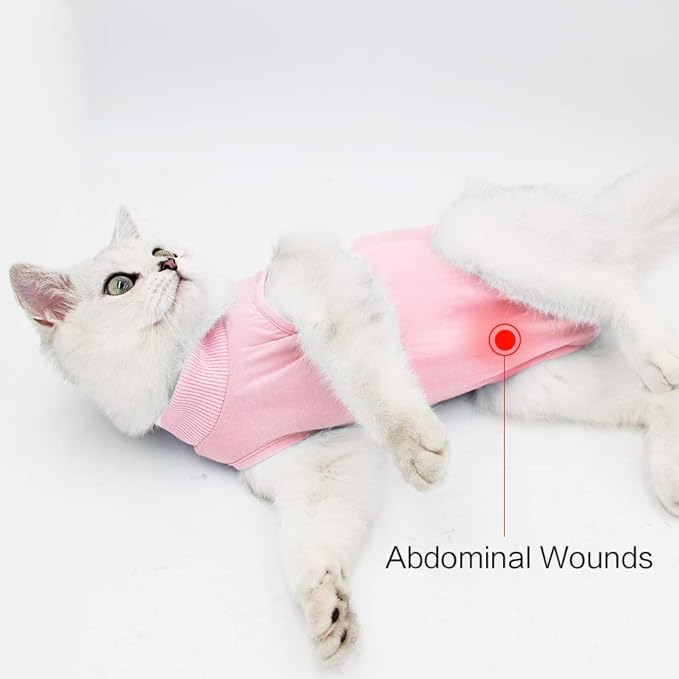 Cat Recovery Suit for Male and Female Surgical Post Surgery Soft Cone Onesie Shirt Clothes Neuter Licking Protective Diapers Outfit Cover Kitten Spay Collar(M, Pink)