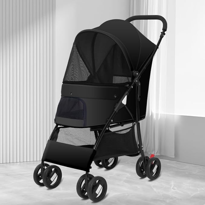 4 Wheels Pet Stroller,Easy-Foldable Dog Cat Cage Jogger Stroller with Weather Cover for All-Season,Storage Basket and Visible Mesh for Small/Medium Pets up to 33lbs (Black)