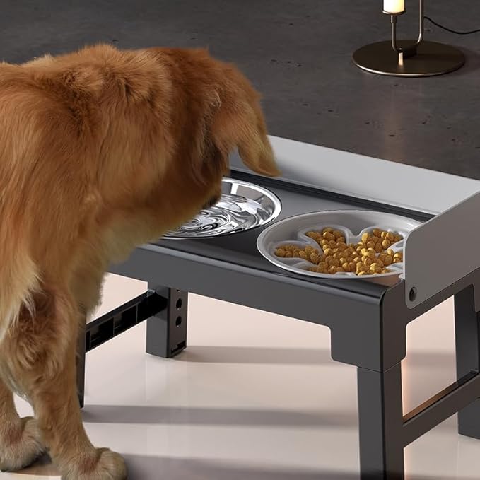 Marchul Elevated Dog Bowls for Medium Large Dogs, 6 Height Adjustable Dog Bowl Stand 3.1''/ 8.7''/ 9.4''/ 10.2''/ 11''/11.8'', with 1 Slow 1*Feeder Dogs Bowl & 1 * 40oz Stainless Steel