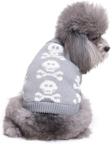 Skull Dog Sweater Holiday Halloween Christmas Pet Clothes Soft Comfortable Dog Clothes - Grey (Dog - Back Length 16")