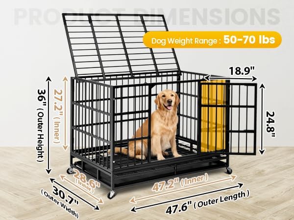 Oranland 48/38 Inch Heavy Duty Dog Crate Cage Kennel with Wheels, High Anxiety Indestructible, Sturdy Locks Design, Double Door and Removable Tray, Extra Large XL XXL