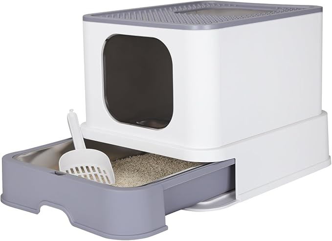 RIZZARI Stainless Steel Cat Box: Enclosed Design with High Walls - White with Deodorizer - Large Litter Pan for Odor Control - Balcony Laundry Room Use