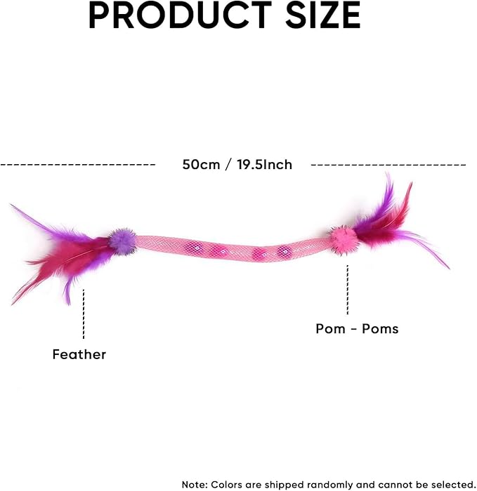 Interactive Cat Toys for Indoor Cats with Catnip β 1 Pack Feather Elastic Mesh Catnip Chew Toys with Bells and Pom-Poms, 19.5 Inch Durable Kitten Teething Toy Bundle