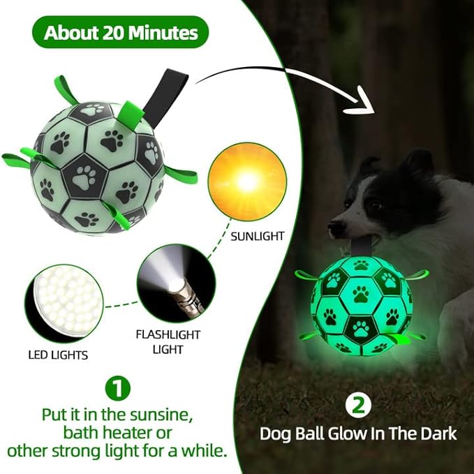 QDAN Glow in The Dark Dog Toys Soccer Ball with Straps, Outdoor Interactive Dog Toys Puppy Birthday Gifts, Dog Tug Water Toy, Light Up Dog Balls for Small & Medium Dogs(6 Inch Size 2)