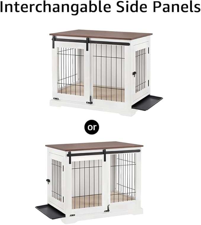 beeNbkks Dog Crate Furniture with Sliding Barn Door, Stylish Double Doors Wooden Kennel with Tray and Cushion, Decorative Indoor Pet House Side End Table for Medium Large Dogs