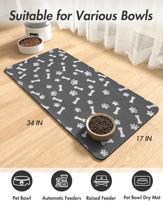 MontVoo Dog Food Mat-Pet Feeding Mat for Food and Water-No Stains Quick Dry Dispenser Cat Bowl Mat for Messy Drinkers(17"x34" Dark Grey)