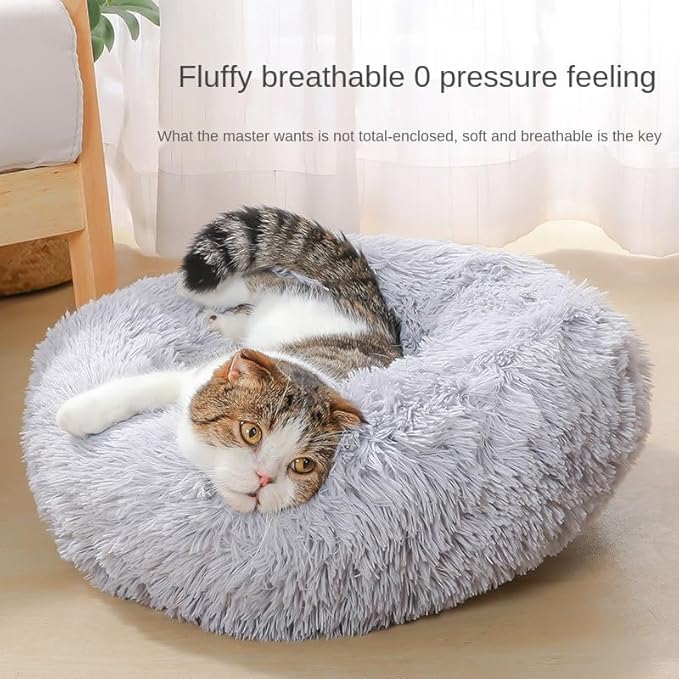 Cat Beds for Indoor Cats - Cat Bed Washable 20/24 inches, Dog Beds for Small Medium Dogs, Anti Anxiety Round Fluffy Plush Faux Fur Pet Bed, Thick Bottom (Light Grey, Medium)