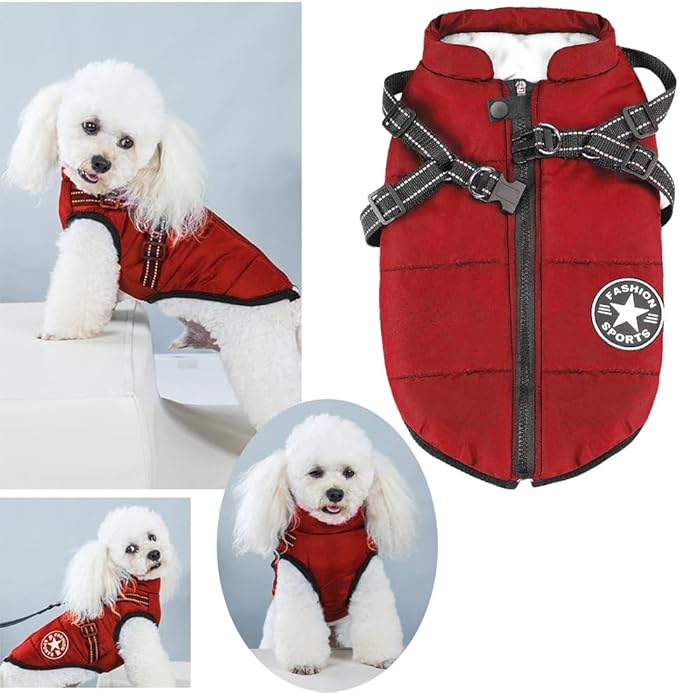 Aiboria Dog Jacket Dogs Vest Coat Windproof Warm Pet Fleece Dog Sweater Padded Vest with Chest Strap Harness Red M