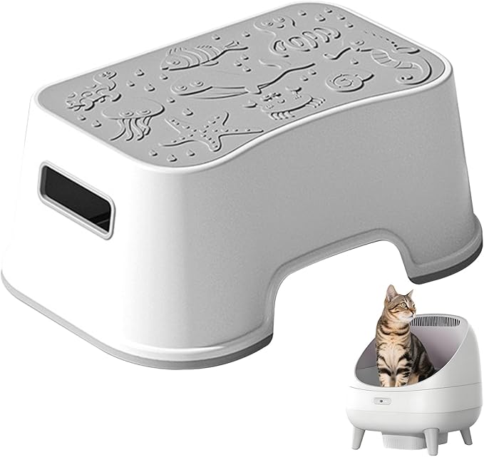 SpaceTime Elevated Cat Litter Mats,Small Litter Box Mat,Waterproof Cat Ramp Stair Litter Box Step With Non-Slip Rubber-Like Base For Floor,Easy Cleaning Pet Pad Suitable For Kitty & Elderly Cats(Grey)