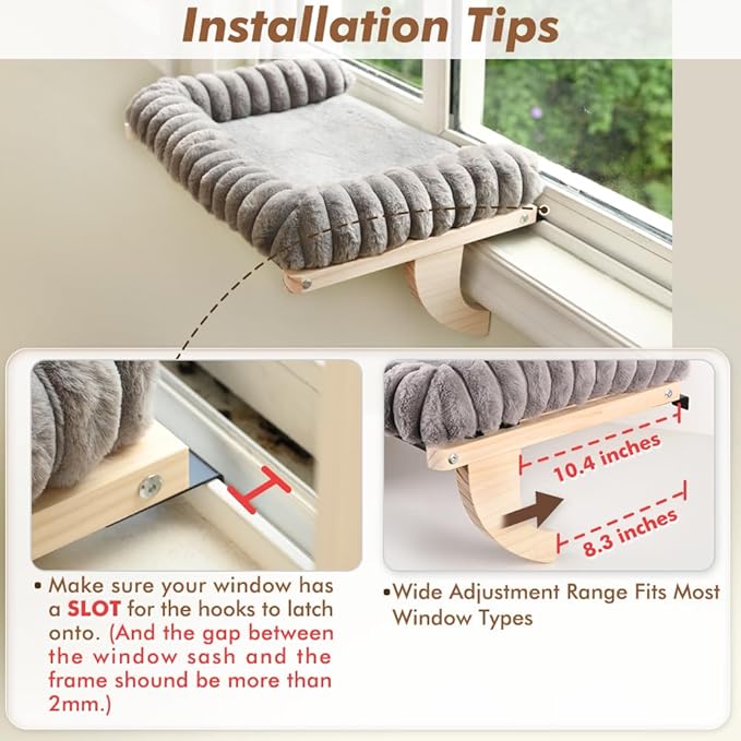 Cloud-Soft Cat Window Sill Perch with Zipper Designed Cushioned Bed, Supportive Cat Window Seat with Premium Solid Wood & Sturdy Metal Frame, Pet Hammock Bed for Large Cats (Medium, Gray)