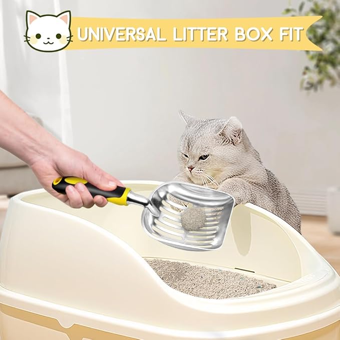 Cat Litter Scoop, Metal Cat Scooper, Rubber Handle Scoop, Sifting Shovel â Heavy Duty Aluminum Alloy Litter Box Scoop with Deep Mesh, Design for Easy Waste Removal and Cleaning(Yellow)
