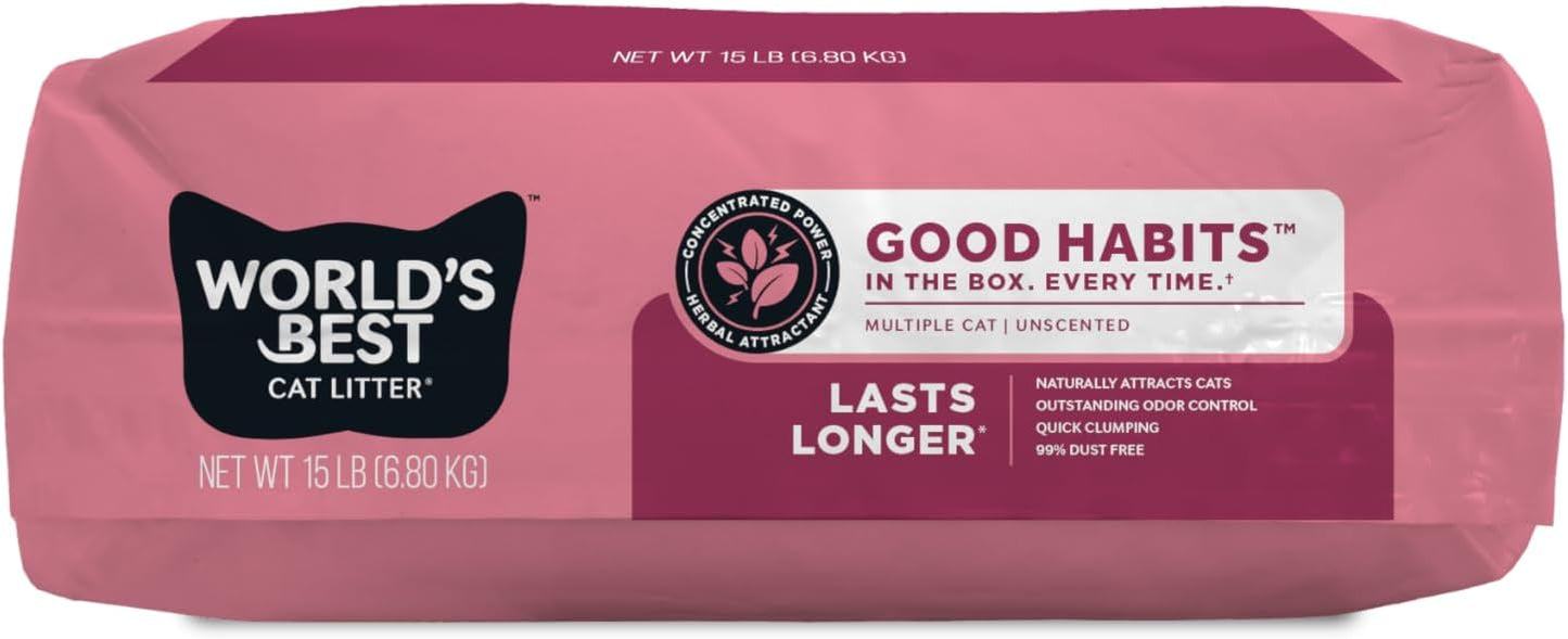 WORLD'S BEST CAT LITTER Good Habits Cat Attract Litter | Natural Plant-Based Attractant | Multicat Flushable Corn Litter | Unscented Odor Control | Low Tracking & Lightweight | Made in USA 15lb Bag