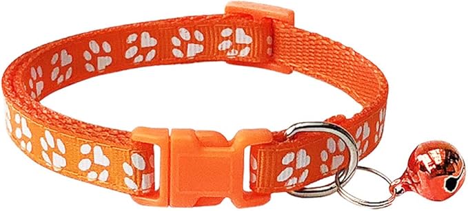 CHBORCHICEN 2-Pack Footprint & Reflective Cat Collar with Bell Basic Dog Cat Collar Buckle Adjustable Polyester Cat Dog Collar or Seatbelts (Small, Orange)