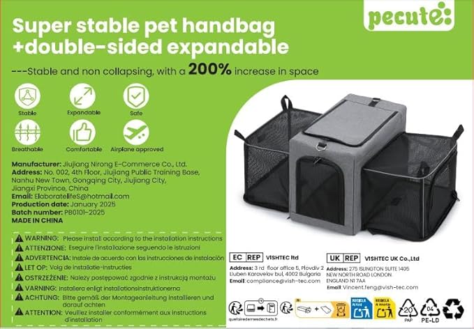 Pecute Cat Carrier Expandable, Airline Approved Cat Soft-Sided Carriers, Breathable Pet Carriers up to 5kg/12lbs, Collapsible Cat Bag Carrier Great for Travel, Outdoor, Hiking, Camping, Dark Gray