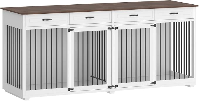 Extra Large Dog Crate, 86.6" Heavy Duty Wooden Dog Cage Furniture Dog Crate Kennel with Drawers & Removable Divider,Indoor Luxury Dog House with Double Rooms for XL L Breed Dogs, White