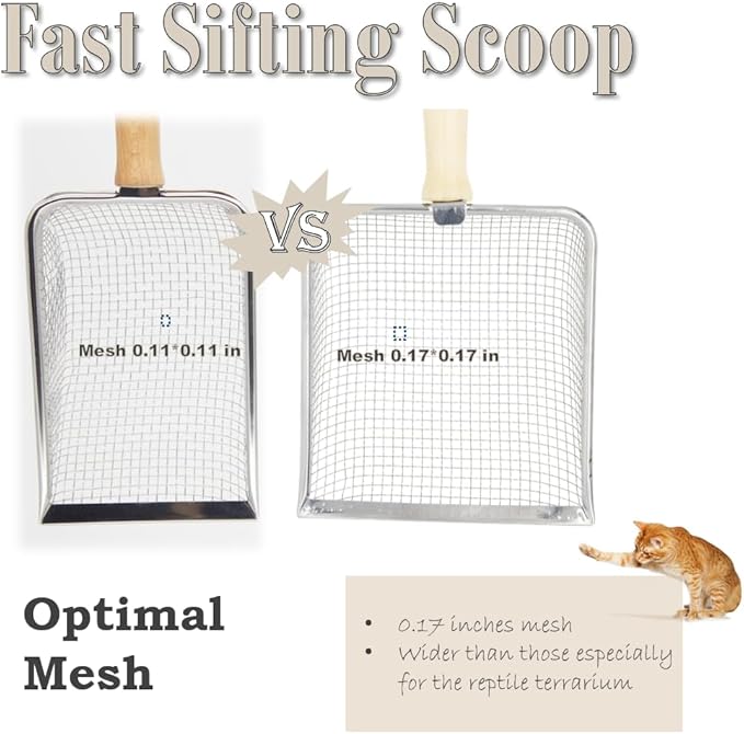 Fine Cat Litter Scoop, Stainless Steel Mesh Scooper, Kitty Metal Scooper for Litter Box Kitten Pooper, Wide Rabbit Poop Lifter with Beech Handle