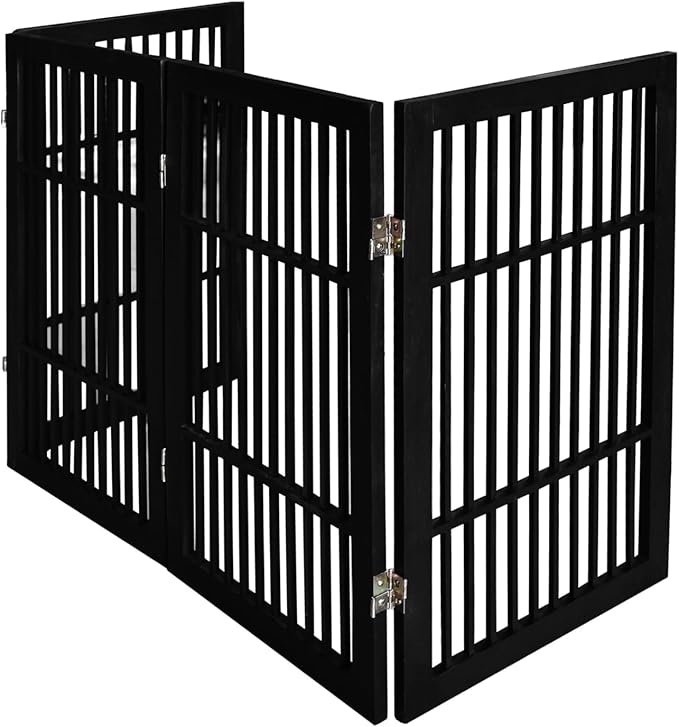 Pet Dog Gate Strong and Durable Freestanding Folding Acacia Hardwood Portable Wooden Fence Indoors or Outdoors by Urnporium (Black Pet Gate, 4 Panel 30" Tall)