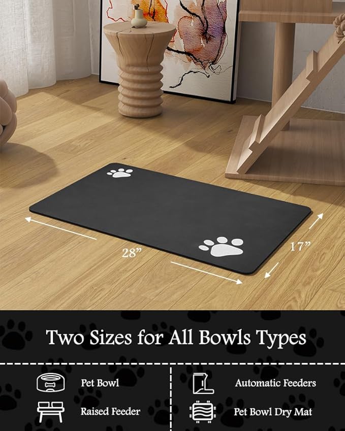Pet Feeding Mat-Absorbent Dog Mat for Food and Water Bowl-No Stains Quick Dry Water Dispenser Mat-Dog Accessories Pet Supplies-Bowl for Messy Drinkers(Black,17"x28"