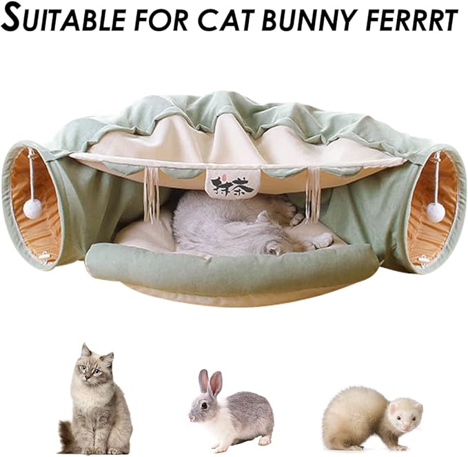 Cat Rabbit Tunnel Bed Nest for Cats Indoor, with Collapsible Washable Soft Cushion, Plush Ball and Exercise Wheel Tube, Fit for Puppy Bunny Kitty Kitten Ferret