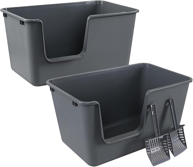 Large Cat Litter Box with High Sides, Easy to Clean, Litter Box for Big Cats&Multiple Cats (Pack of 2, Grey)