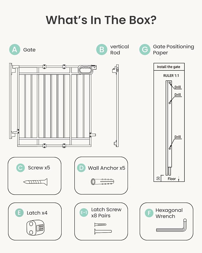 Grownsy Baby Gate for Stairs- No Bottom Bar, Adjustable Width 29.8โ to 43.5โ for Child and Pet, Dog Gate with Auto-Close & One-Hand Operation, Screw-in Installation for Doorways and Indoor Use