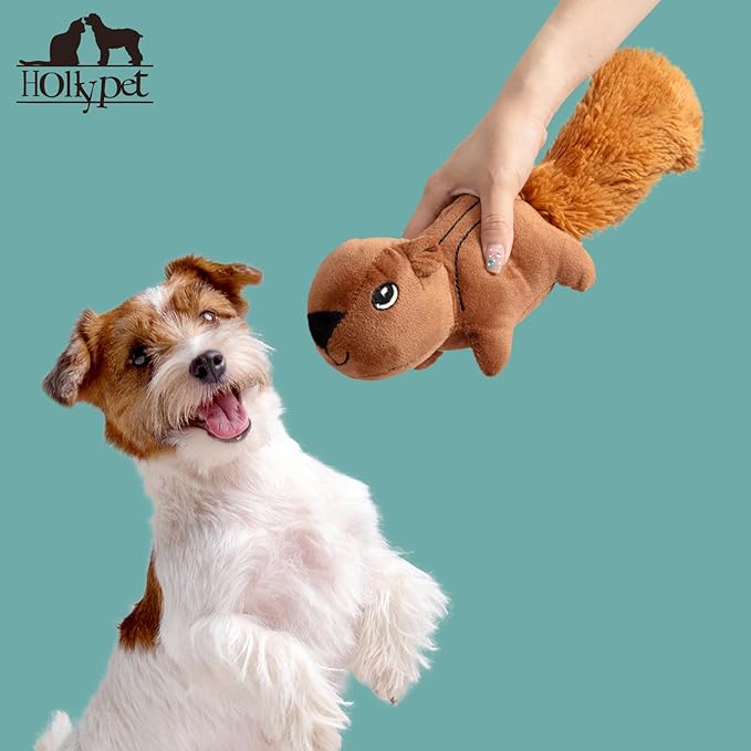 Hollypet Squeaky Plush Stuffed Durable Dog Toys, Cute Puppy Chew Toys for Small, Medium and Large Breed Dogs, Squirrel