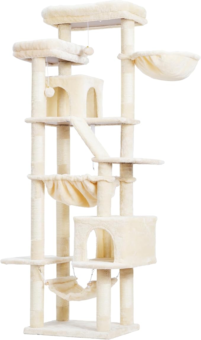 Heybly Cat Tree, 71-Inch-Tall Tower for Indoor Cats with 2 Perches, 2 Big Condos, 2 Hammocks, Basket, Scratching Pad, Large Cat Furniture and Condo, Beige HCT034M