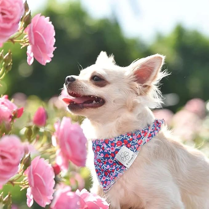 E-Clover Cute Girl Dog Bandanas & Matching Scrunchie Set Heart Dog Bandana Scarf with Bow Hair Ties for Small Puppy Dogs Pet Owner Mom Gifts Pink Floral