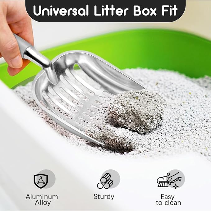 Cat Litter Scoop, Metal Cat Scooper, Plastic Handle Scoop, Sifting Shovel – Heavy Duty Aluminum Alloy Litter Box Scoop with Deep Mesh, Design for Easy Waste Removal and Cleaning(Gray)