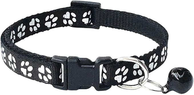 CHBORCHICEN 2-Pack Footprint & Reflective Cat Collar with Bell Basic Dog Cat Collar Buckle Adjustable Polyester Cat Dog Collar or Seatbelts (Small, Black)