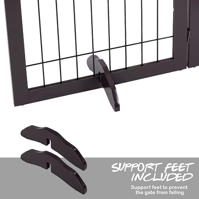 PAWLAND 144-inch Extra Wide 30-inches Tall Dog gate with Door Walk Through, Freestanding Wire Pet Gate for The House, Doorway, Stairs, Pet Puppy Safety Fence, Support Feet Included, Espresso,6 Panels