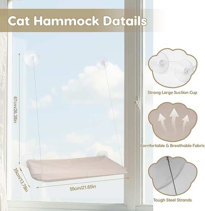 Cat Window Perch, Hanging Cat Hammock for Window, Foldable Cats Windows Bed with 4 Suction Cup, Windows Hammock for Cats Inside Perch Hold up to 44 Pounds Two Pets (Khaki, L)