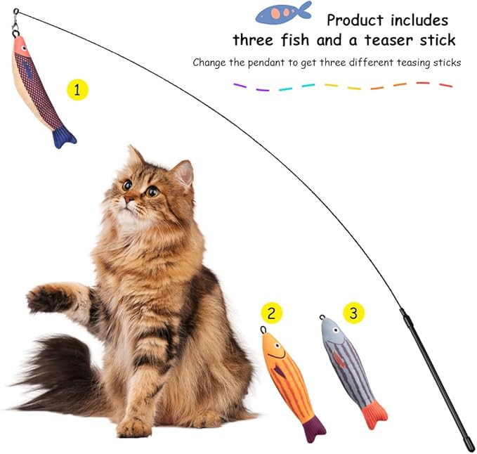 PAZ'S GIFT Cat Wand Toys, 3 Piece Catnip Wiggle Sounding Toys, Soft and Durable, Interactive Cat Kick Toy for Indoor Play