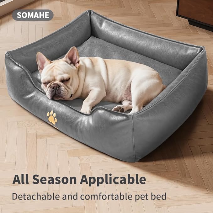 Premium Leather Cat Bed for Indoor Cats Premium Small Dog Bed Pet Nest with Anti-Slip Base Ultra Soft Texture for Comfortable Rest 24 × 18 × 9 inch Grey