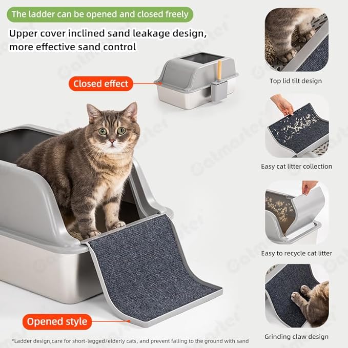 Stainless Steel Litter Box with Lid, 24"x16"x12" Extra Large Metal Litter Box with Ladder, Anti-Urine Leakage Cat Litterbox with High Sides, No Absorbs Odors, Non-Stick