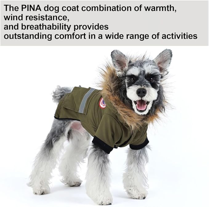PINA Waterproof Dog Coat for Small Dogs - Winter Jacket With Warm Flannel Lining, Windproof Reflective Hoodie, Pocket, and Faux Fur Hood for Cold Weather