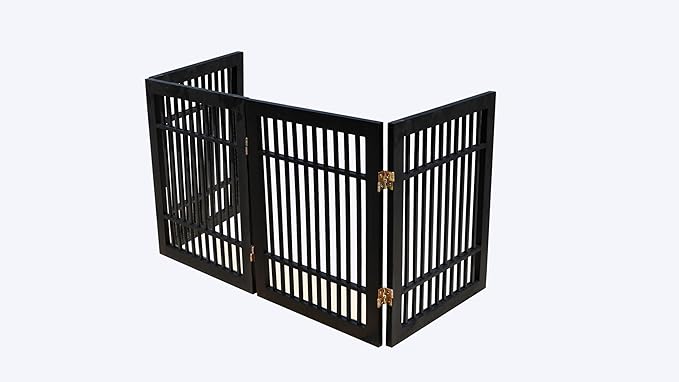 Pet Dog Gate Strong and Durable Freestanding Folding Acacia Hardwood Portable Wooden Fence Indoors or Outdoors by Urnporium (Black Pet Gate, 4 Panel 24" Tall)