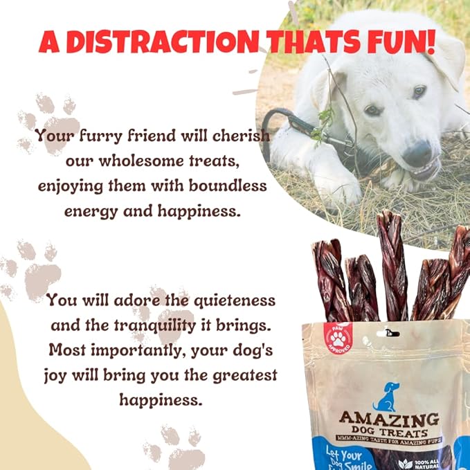 Amazing Dog Treats - 6 Inch Braided Gullet Stick (8 Pc/Pack) - Beef Esophagus Dog Treats