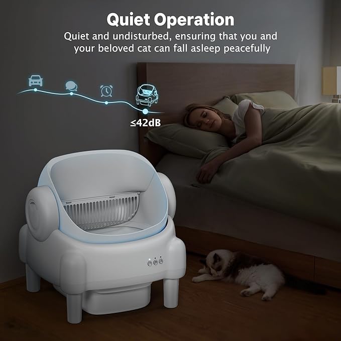 Automatic Litter Box,Open Top Self Cleaning Litter Box with App Control for Multiple Cats, Safety Sensors Protection, Odor Control Includes 2 roll Liners,Large Waste Bin, Cream White