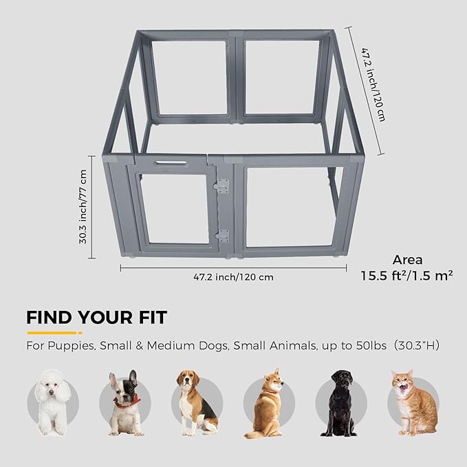 Clear Dog Play Pen - Easy Assemble Durable Plastic Acrylic Dog Playpen - Dog Playpen Indoor, Puppy Playpen, Cat Playpen, Small Animal Playpen, Dog Play Pen Indoors (Grey, 30.3" H, 8PCS)
