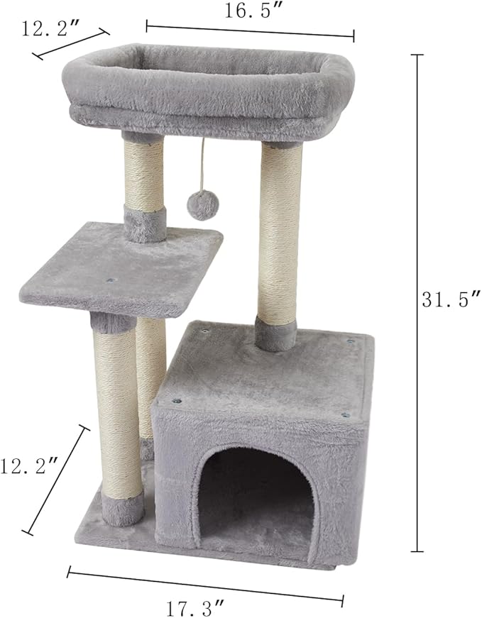 FISH&NAP Cute Cat Tree Kitten Cat Tower for Indoor Cat Condo Sisal Scratching Posts with Jump Platform Cat Furniture Activity Center Play House Grey