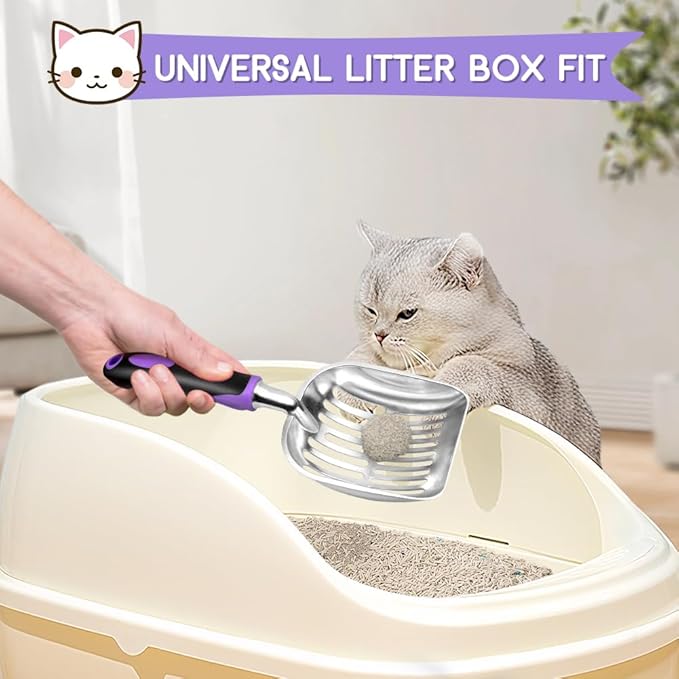 Cat Litter Scoop, Metal Cat Scooper, Rubber Handle Scoop, Sifting Shovel – Heavy Duty Aluminum Alloy Litter Box Scoop with Deep Mesh, Design for Easy Waste Removal and Cleaning(Purple)